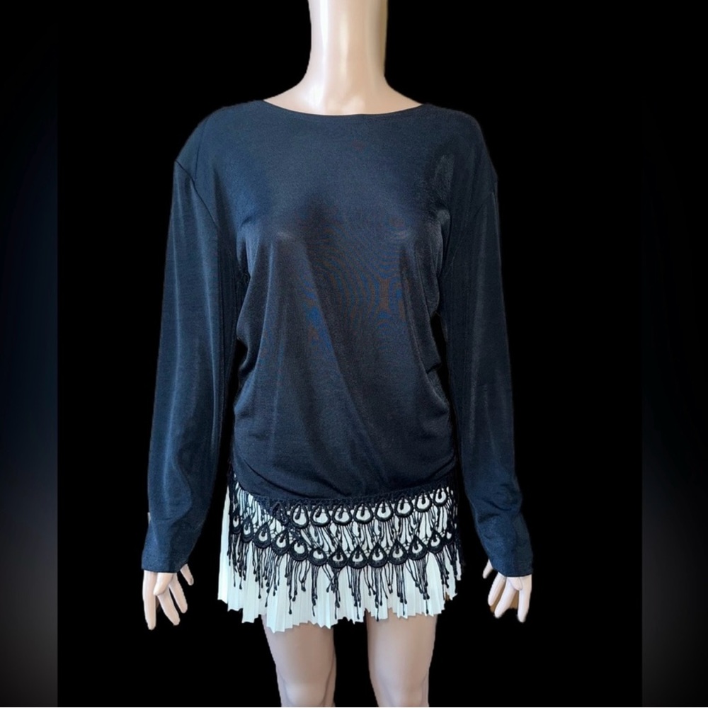 Black and White Fringe Long Sleeve Top